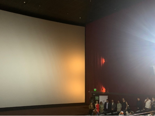 Arriba: cartel del preestreno. Abajo: parte del casting junto con el director y la Ministra de Cultura
